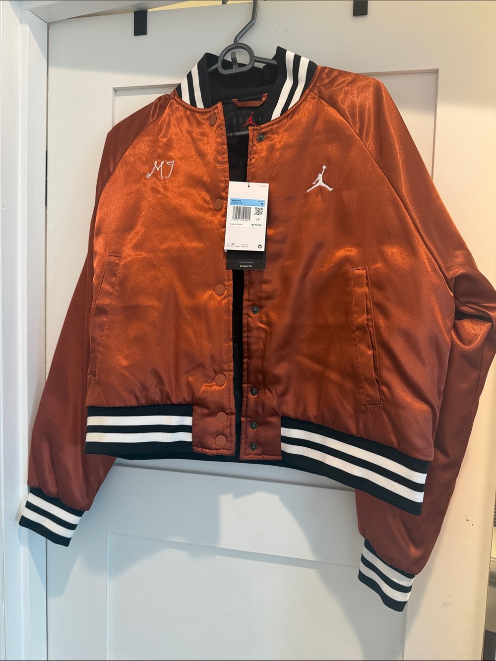 Jordan Satin Bomber Jacket in Metallic Orange with Black & White Trim